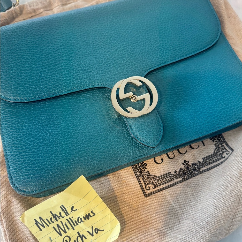 Gucci Teal Leather Clutch with Silver Logo